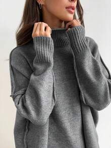 EMERY ROSE 2pcs Women Solid Color Stand Collar Long Sleeve Minimal Top And Pants Set - Light Grey - View 4