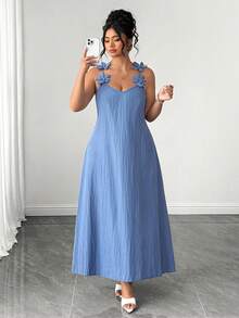 Elenzga Plus Size Women's Elegant Floral Textured Spaghetti Strap Maxi Dress,Blue Summer Tropical Tea Party Holiday, & Flattering Casual Party Gown - Dusty Blue - View 4