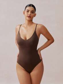 Veilyse 1pc Women Seamless Shapewear Bodysuit, Thong Bottom, Slimming Shaping Bodysuit, Tummy Control Bodysuit, Shapewear, Waist Trainerfor Summer - Brown - View 2