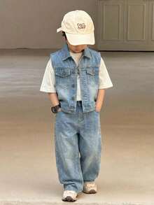 2 pièces Ensemble jeune garçon gilet sans manches en jean bleu vintage et pantalon ample - Jean clair - Voir 6