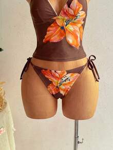 Soleia Women's Floral Print Halter Neck Bikini Set - Coffee Brown - View 4