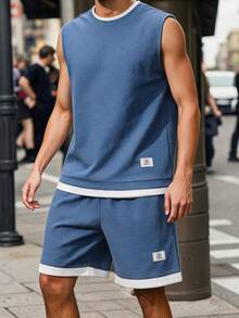SHEIN 青少年男孩 2件套 黑色羅紋背心，適合青少年男孩，返校季；春季穿著；青少年男孩服飾；青少年男孩夾克，春季校園 - 彩色 - 查看 1