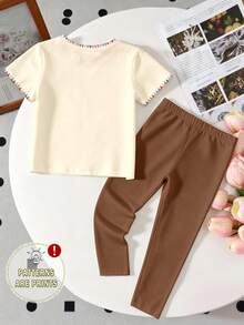 2pcs/Set Baju dan Legging Kasual Chic Motif Leopard dengan Pita untuk Anak Perempuan, Nyaman untuk Dipakai Sehari-hari di Musim Semi, Musim Panas, dan Musim Gugur - MultiWarna - View 3