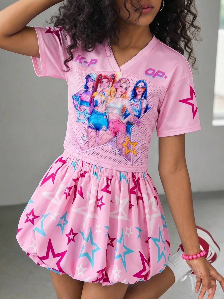 Emery Rose Kids Bộ 2 món gồm áo thun cổ chữ V dáng rộng và quần short xếp ly, họa tiết dễ thương dành cho bé gái. - Nhiều màu - Xem 1