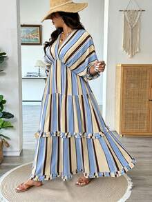Vionelle Plus Size Women Elegant Boho Navy Blue Ruffle Hem Loose Long Dress, Spring/Summer Beach Vacation - Blue - View 5