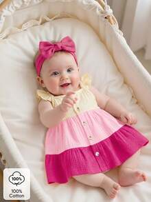 SHEIN Newborn Baby Contrast Color Ruffle Front Button Dress - Hot Pink - View 2
