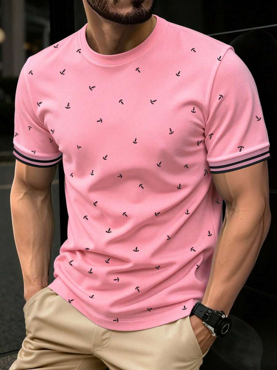 Manfinity Homme Men's Printed Casual Short Sleeve T-Shirt, Fashionable Street Hip-Hop Style, Holiday - Pink - View 1
