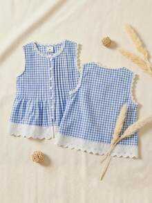 SHEIN X GALILEA Maija Kids Maija Kids 女童夏季休闲格子拼接前扣吊带背心 - 藍白色 - 查看 2