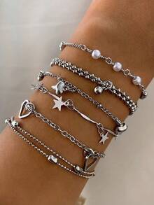 ROMWE Grunge Punk 6 Pieces Set Of Simple And Fashionable Alloy Five-Pointed Star Tassels Hollow Love Three-Dimensional Heart Tassel Bracelet Set Female Date Gift - Silver - View 1