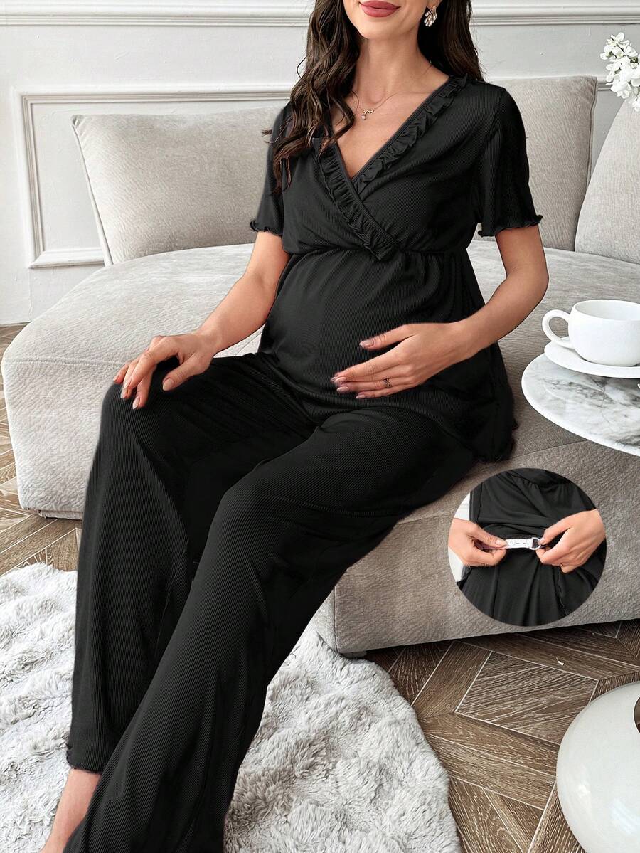 Moonlight&Mama Conjunto de pijama de maternidad de pantalón y blusa de manga corta con cuello en V y volantes de unicolor - Negro - Ver 1
