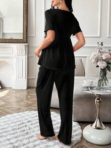 Moonlight&Mama Conjunto de pijama de maternidad de pantalón y blusa de manga corta con cuello en V y volantes de unicolor - Negro - Ver 2