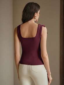 Anewsta Fashionable Fitted Embroidered Seamless Ribbed Tank Top - Burgundy - View 7