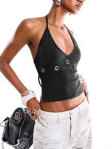 LYSMO 2026 New Minimalist Summer Women's Fashion Solid Color Keyhole Design Cropped Camisole Top, Summer Party Top Black 90s Street Style Y2K - Black - View 3