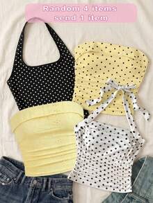 SHEIN Tween Girl Black And White Polka Dot,Summer,Cute,School Strapless Camisole Top,Hollow-Out Fabric Side Ruched Fitted Cropped Top,Spaghetti Strap Design - Yellow - View 3