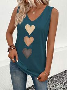 EMERY ROSE Nuevo top de tirantes casual y versátil con cuello en V y estampado de corazón degradado para mujer, primavera/verano - Agua verde azul - Ver 4