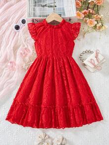 Elladie kids Red Summer Satin Party Spring Dress For Toddler Girls,Lace Floral Fabric,Flutter Sleeves,Ruffle Hem,Back Zipper Closure,Cute & Playful Summer Vacation - Red - View 5