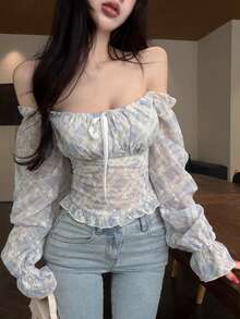 Joudiya Light Blue And White,Summer,Elegant,Dates,Butterfly Embroidery All-Over Print Textured Lace Blouse,Off-Shoulder Crop Top With Front Tie Closure,Shirt - Blue - View 1