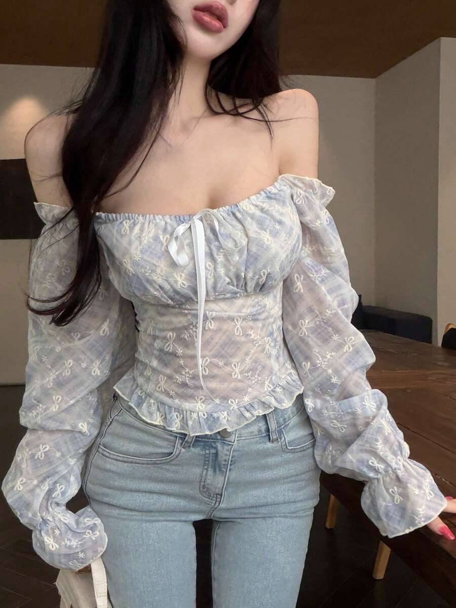 Joudiya Light Blue And White,Summer,Elegant,Dates,Butterfly Embroidery All-Over Print Textured Lace Blouse,Off-Shoulder Crop Top With Front Tie Closure,Shirt - Blue - View 1