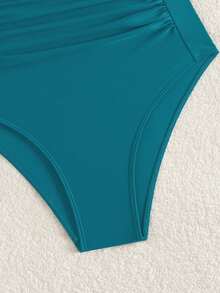 SHEIN Swim Women's Solid Color Ruched Halter One-Piece Swimsuit - Blue - View 7