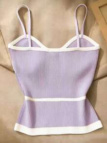 Resyla Top de tirantes acanalado de color contrastante para mujer - Púrpura malva - Ver 2