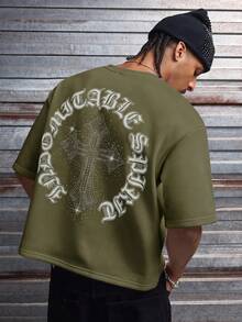 AXEPEAK Men's Casual Loose Short Sleeve T-Shirt, White Color With Printed Rhinestone Handmade Label, Summer - Army Green - View 5