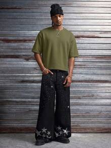 AXEPEAK Men's Casual Loose Short Sleeve T-Shirt, White Color With Printed Rhinestone Handmade Label, Summer - Army Green - View 7
