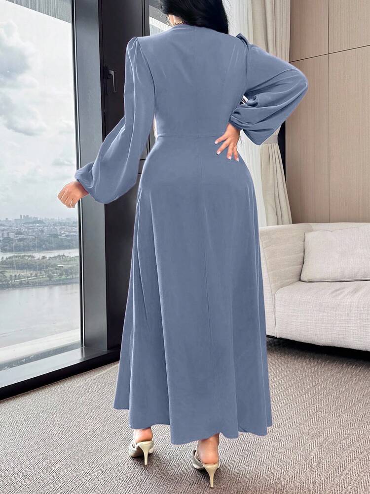 Feyla Women's Elegant V-Neck Metal Button Design Long Dress - Blue - View 3