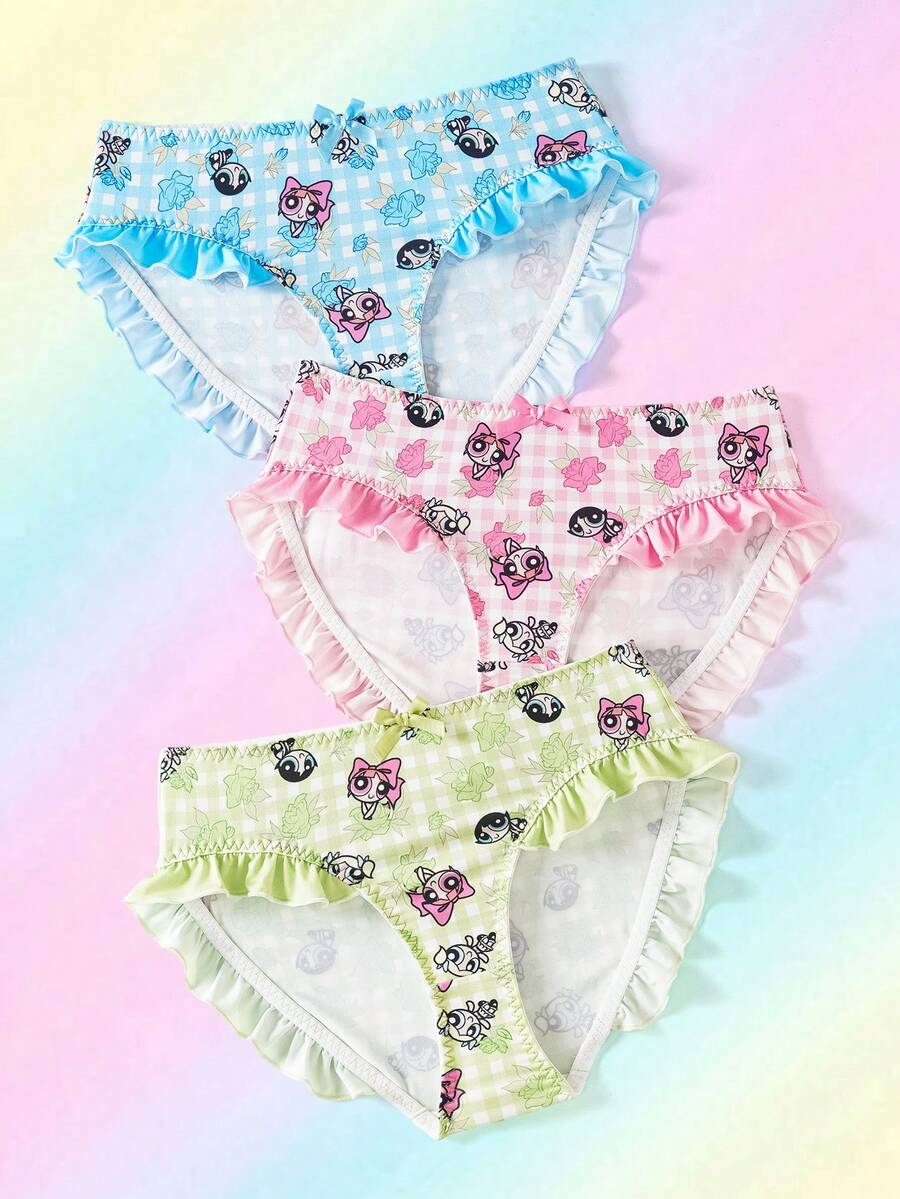 THE POWERPUFF GIRLS X SHEIN 3 chiếc quần lót nữ in hình hoạt hình kẻ caro dễ thương, có bèo nhún. - Nhiều màu - Xem 1