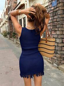 Serisse Vestido de playa de moda para mujer con estrella de mar tejida y adorno de flecos brillantes, primavera/verano - Azul - Ver 2