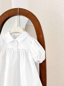 SHEIN LMoss Kids 女婴可爱短袖翻领连衣裙，夏季 - 白色 - 查看 5