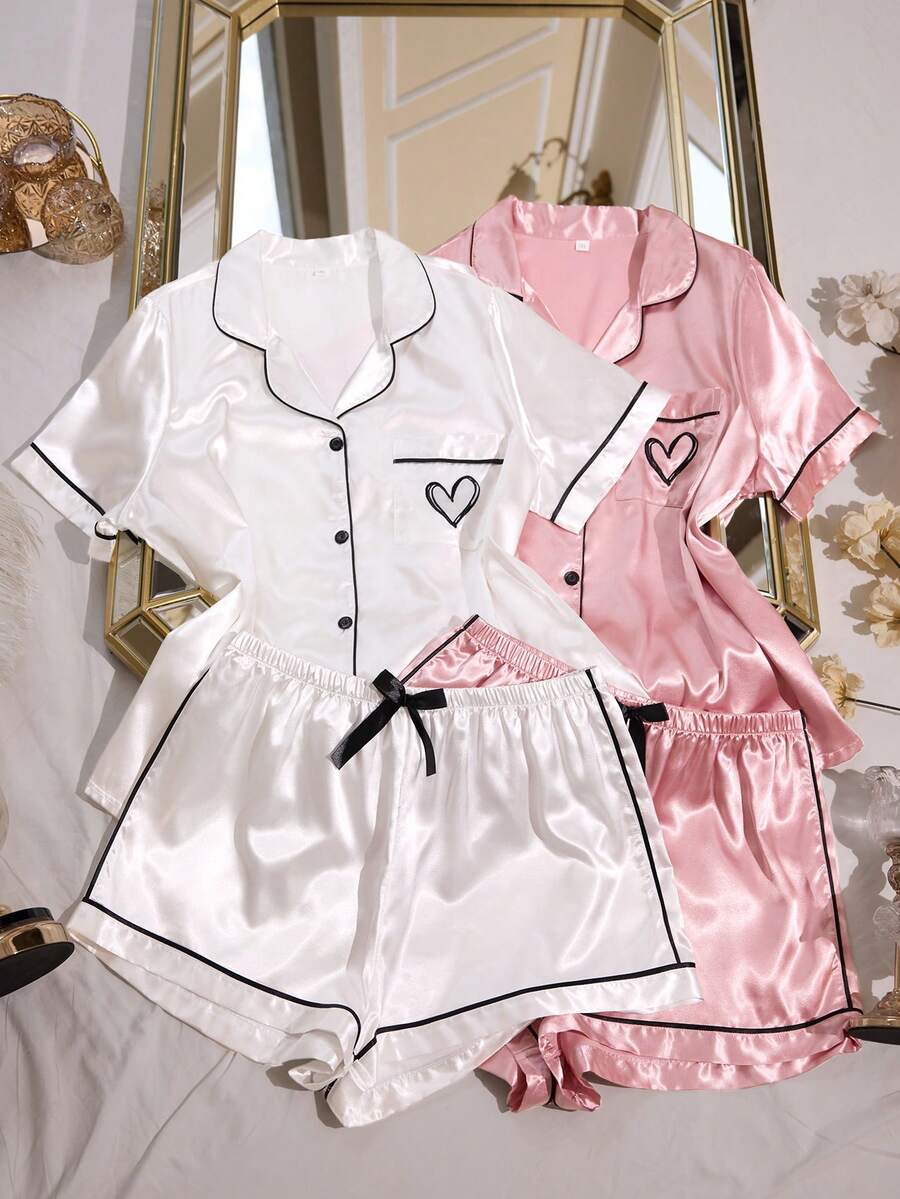 MuseNap CURVE 2 pièces Ensemble de pyjama pour femmes grande taille en faux soie avec poche brodée en forme de cœur et manches courtes - Multicolore - Voir 1
