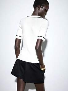 Lumivelle Elegant Classy V-Neck Contrast Trim Knit Top Back-To-School Office Black And White Summer - Beige - View 2