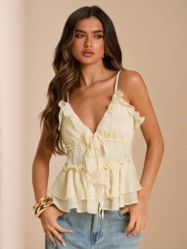 Gossip Girl X SHEIN SHEIN BAE Women's Sweet Versatile Ruffle Double-Layer Hem Tie Front Blouse