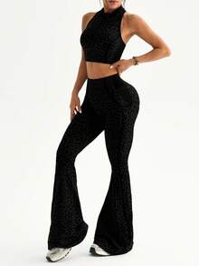 Slayform Bộ đồ tập yoga 2 món dành cho nữ, không đường may, gồm áo ngực thể thao hở lưng cổ tàu và quần ống rộng. - màu đen - Xem 5