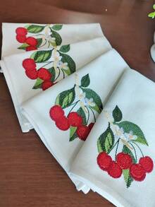 Cirelle 1/2/4pcs Cherry Embroidered Cotton Napkins, Cute Fruit & Floral Cloth Napkin, Reusable & Washable Dinner Napkins For Kitchen, Party, Wedding, Home Table Decor - Multicolor - View 11