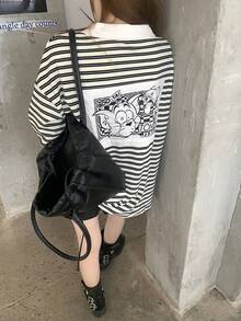TOM AND JERRY X DAZY Women's Striped Casual Long Sleeve Cartoon Color Block Patchwork T-Shirt - Black - View 4