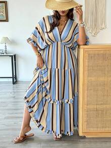 Vionelle Plus Size Women Elegant Boho Navy Blue Ruffle Hem Loose Long Dress, Spring/Summer Beach Vacation - Blue - View 6
