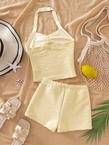 SHEIN Girls' Tank Top And Shorts Set, Featuring A Halter Neck Design, Ruched Detailing And Star And Shell Embellishments On The Top, And Shell And Tassel Details On The Front Of The Shorts. Casual And Simple, Perfect For Everyday Wear In Spring And Summer. - Yellow - View 2