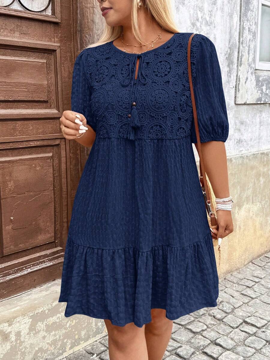 Breezaya Plus Size V-Neck Lantern Sleeve Tassel Lace Patchwork Dress - Navy Blue - View 1