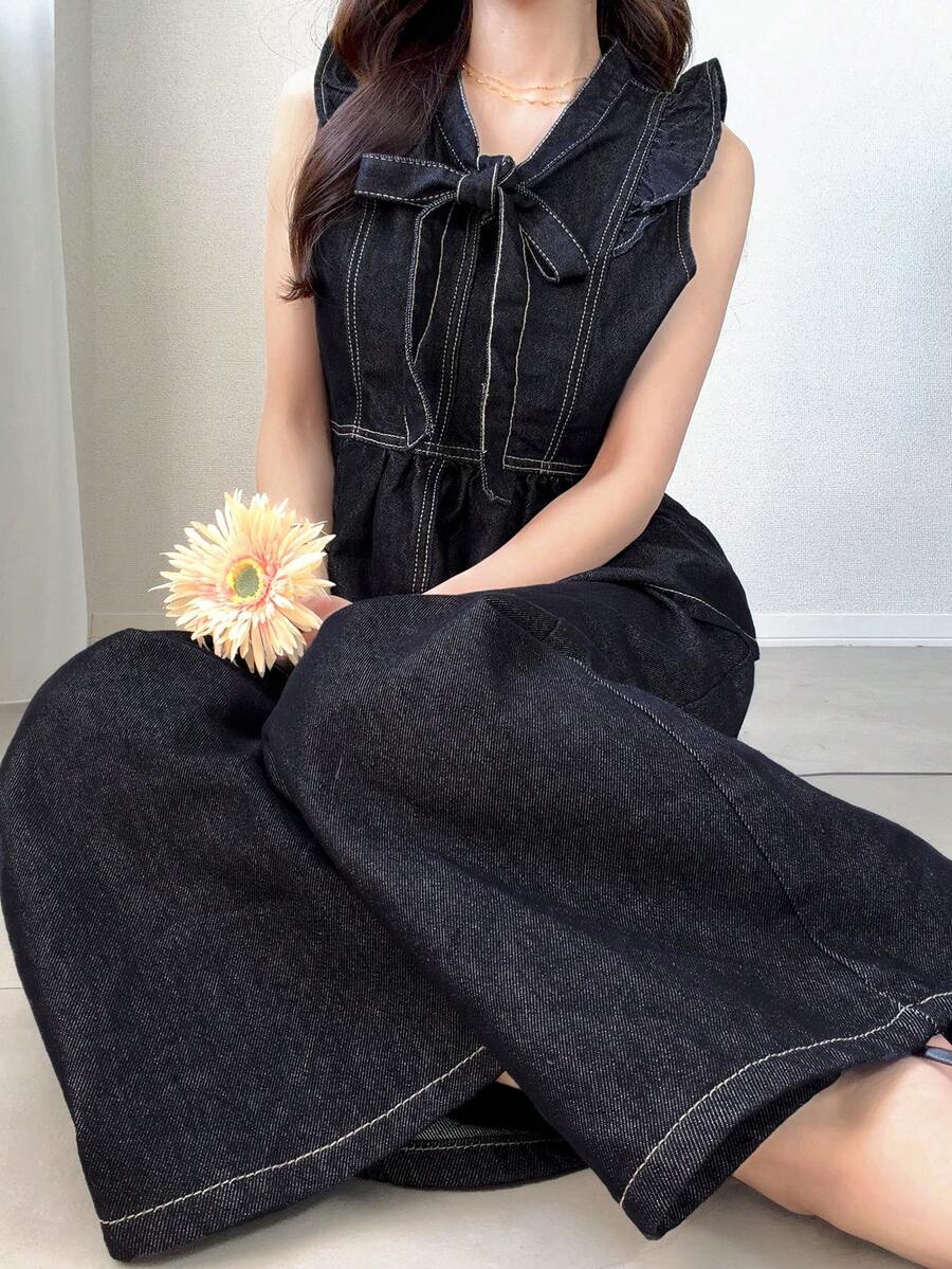 FRIFUL Setelan Atasan Denim Wanita Elegan dengan Kerah Simpul dan Hem Bergelombang serta Celana Jeans Kaki Lebar, Cocok untuk Pakaian Sehari-hari Musim Semi/Panas dan Kantor - Biru - View 1