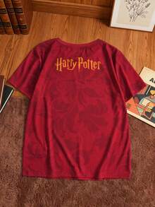 HARRY POTTER X SHEIN 1pc Tween Boys Casual Graphic T-Shirt, Round Neck Short Sleeve Comfortable Top, Collaboration Design - Burgundy - View 2