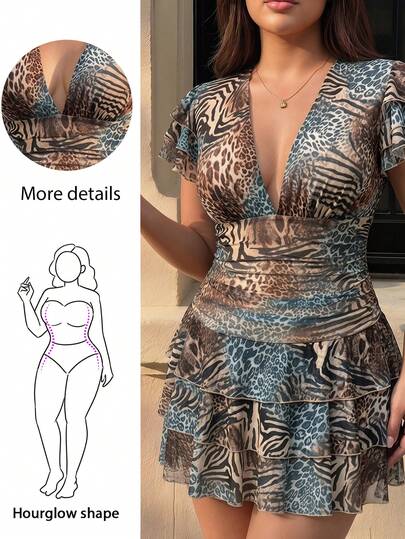 CurvyTilda Vestido de verano sexy con estampado animal de talla grande