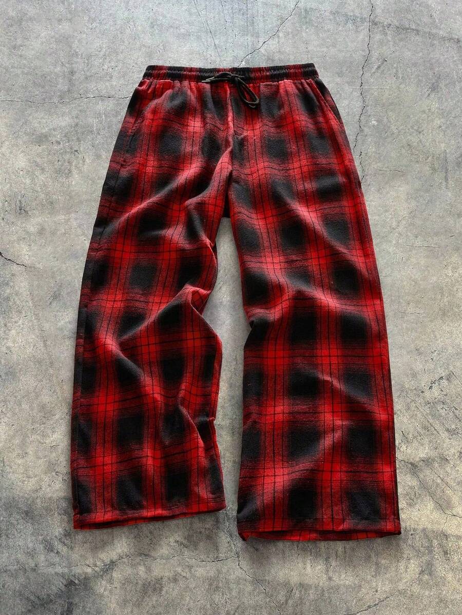 AXEPEAK Men's Casual Plaid Wide-Leg Pants, Spring/Summer - Black - View 1
