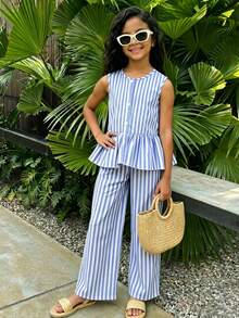 SHEIN Elladie kids Bộ 2 món cho bé gái: Áo sát nách kẻ sọc viền bèo + Quần ống rộng suông, phù hợp mặc thường ngày, đi biển, ở nhà, đi công viên, dã ngoại, đi học mùa hè - Màu xanh lam - Xem 4