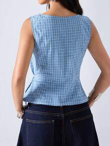 LYSMO Women's Plaid Fashionable Ruched Tie Strap Asymmetric Hem Tank Top,Summer Top - Navy Blue - View 2