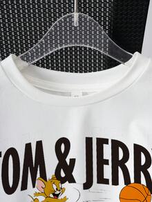 TOM & JERRY X SHEIN Bộ đồ mùa hè cho bé trai, gồm áo thun ngắn tay cổ tròn in chữ và hoạt hình, và quần short. - trắng - Xem 3