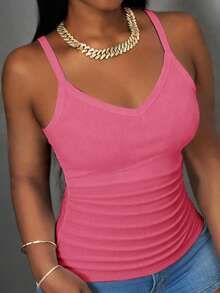 Light Pink Summer Casual Vacation Women Tank Top, Ribbed V-Neck Racerback Gathered Solid Basic Versatile Club Yoga Boho Style Beach Outfits - Coral Pink - View 7