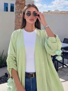 Yasmyna Mint Green Pleated 3/4 Sleeve Floral Decor Women's Abaya - Green - View 6