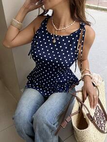 Elyressa Elegant Tropical And Stylish Summer Vest For Women With Woven Prints Beach Vacation Navy Blue Polka Dot - Royal Blue - View 5