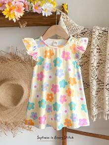 Cozy Pixies Baby Girls Pale Yellow Floral Print Knit Dress,Cute Summer Vacation Holiday Cap Sleeve Casual Elastic Dress,Bohemian Party Style,Spring Trip Outfit - Multicolor - View 4